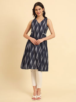 Yufta - Navy Blue Printed Ikat Kurta