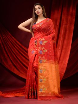 CHARUKRITI - Red Blended Cotton Handwoven Ethnic Motifs & Floral Borders Saree with Unstitched Blouse