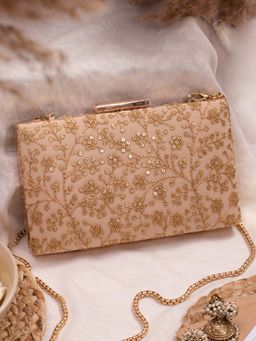 AMYRA - Beige Sequin Embroidered Box Clutch