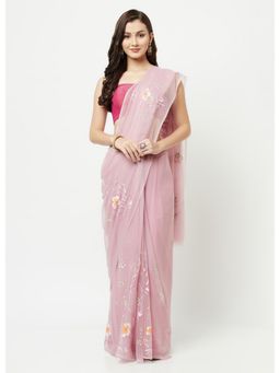 La Vastraa - Floral Painted Light Purple Chiffon Saree With Unstitched Blouse
