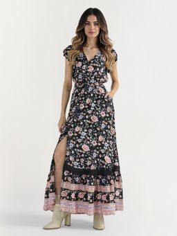 ELLE - Women Black Floral V-Neck Dress