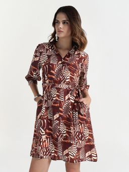 ELLE - Women Brown Printed Collar Dress
