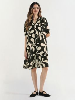 ELLE - Women Black Floral Mandarin Neck Dress