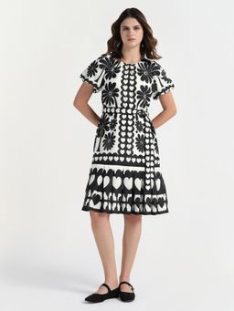 ELLE - Women Black Printed Round Neck Dress