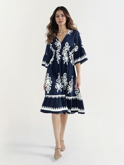 ELLE - Women Navy Blue Printed V-Neck Dress
