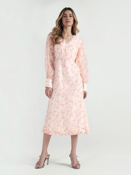 ELLE - Women Pink Floral V-Neck Pure Cotton Dress