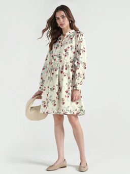 ELLE - Women Green Floral Mandarin Colar Pure Cotton Dress