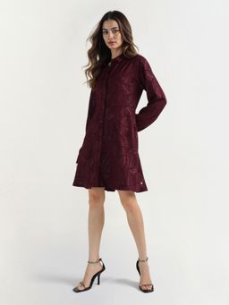 ELLE - Women Maroon Printed Collar Pure Cotton Dress