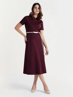 ELLE - Women Maroon Solid Collar Dress with Belt