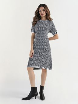 ELLE - Women Navy Blue Printed Round Neck Pure Cotton Dress