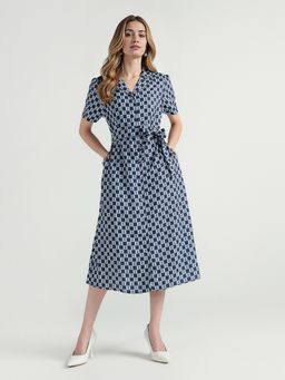 ELLE - Women Navy Blue Printed Collar Pure Cotton Dress