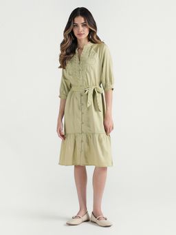 ELLE - Women Green Solid Band Collar Dress with Belt