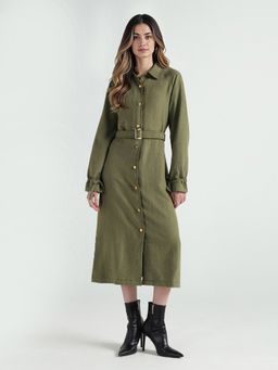 ELLE - Women Olive Solid Collar Dress with Belt
