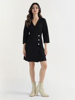 ELLE - Women Black Textured V-Neck Dress