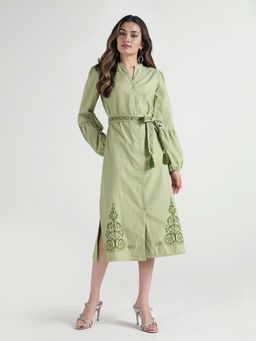 ELLE - Women Olive Embroidered Band Collar Pure Cotton Dress with Belt