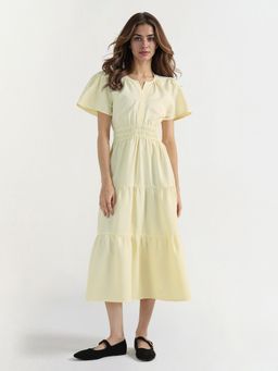 ELLE - Women Yellow Solid Round Neck Pure Cotton Dress
