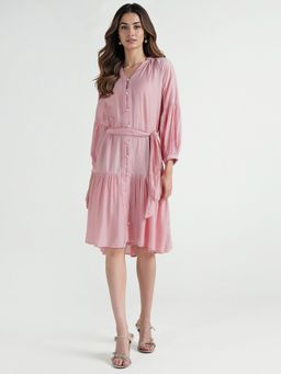 ELLE - Women Pink Solid Band Collar Pure Cotton Dress with Belt