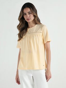 ELLE - Women Yellow Solid Round Neck Pure Cotton Top