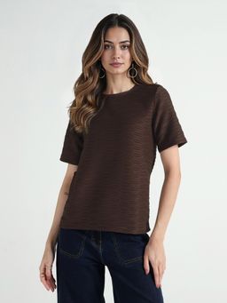 ELLE - Women Brown Textured Crew Neck T-shirt