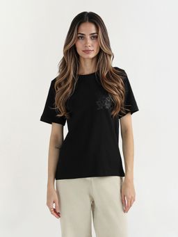 ELLE - Women Black Solid Crew Neck Pure Cotton T-shirt