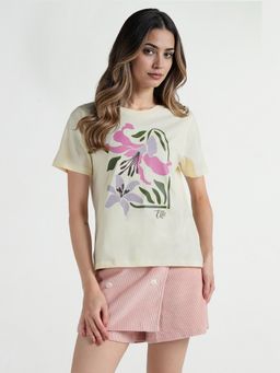 ELLE - Women Cream Printed Crew Neck Pure Cotton T-shirt