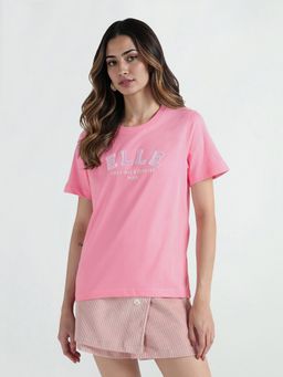 ELLE - Women Pink Solid Crew Neck Pure Cotton T-shirt