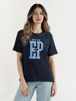 ELLE - Women Navy Blue Graphic Print Crew Neck Pure Cotton T-shirt