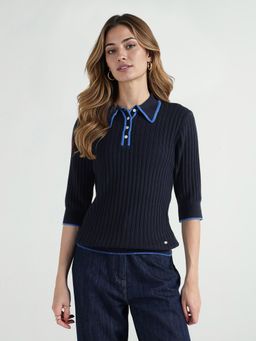 ELLE - Women Navy Blue Collar Neck Pure Cotton Polo T-shirt