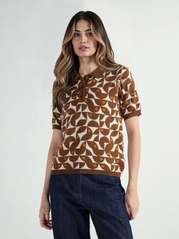 ELLE - Women Brown Geometric Collar Neck Pure Cotton Polo T-shirt
