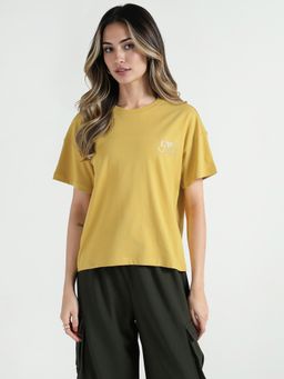 ELLE - Women Yellow Solid Crew Neck Pure Cotton T-shirt