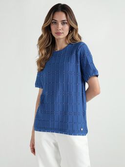 ELLE - Women Navy Blue Textured Crew Neck Pure Cotton T-shirt