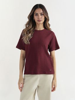 ELLE - Women Maroon Textured Crew Neck T-shirt