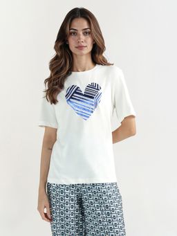ELLE - Women White Graphic Print Crew Neck Pure Cotton T-shirt