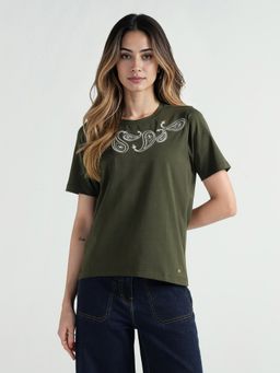 ELLE - Women Olive Solid Round Neck T-shirt