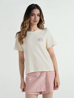 ELLE - Women Cream Solid Crew Neck Pure Cotton T-shirt