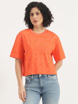United Colors of Benetton - Orange Round Neck Printed All Over Tonal Flock T-Shirt