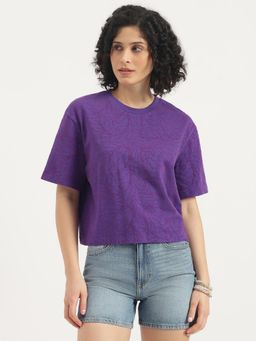 United Colors of Benetton - Purple Round Neck Printed All Over Tonal Flock T-Shirt