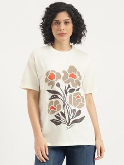 United Colors of Benetton - Off White Round Neck Floral Garden Technique T-Shirt