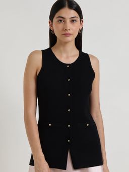 FableStreet - Ultra LivSoft Sleeveless Waistcoat Cardigan - Black