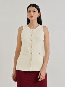 FableStreet - Ultra LivSoft Sleeveless Waistcoat Cardigan - Off White