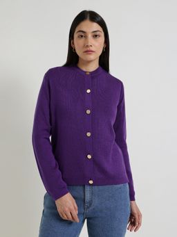 FableStreet - LivSoft Crew Neck Cardigan- Purple