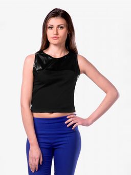 Miss Chase - Women Black Round Neck Sleeveless Faux Leather Crop Top