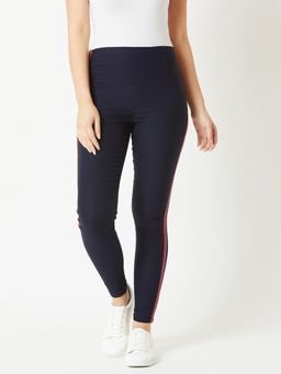 Miss Chase - Women Navy Blue Solid Knitted Skinny High Waist Jeggings