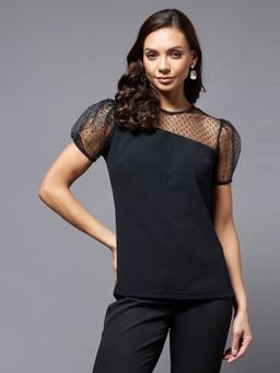 Miss Chase - Women Black Solid Round Neck Short Sleeve Relaxed Fit Top