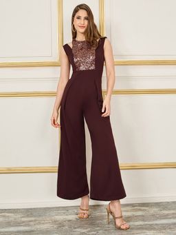 Miss Chase - Women Wine Halter Neck Sleeveless Regular Length Jumpsuit
