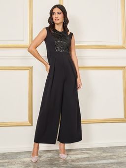 Miss Chase - Women Black Halter Neck Sleeveless Solid Wide Leg Jumpsuit