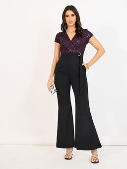 Miss Chase - Women Black V-Neck Short Sleeve Embellished Wrap Polyester Jumpsuit