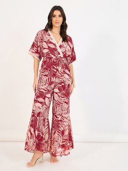 Miss Chase - Women Maroon V-Neck Floral Kimono Chiffon Jumpsuit