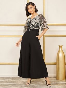 Miss Chase - Women Black V-Neck Ruffled Sleeve Wide Leg Printed Jumpsuit