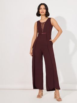 Miss Chase - Women Wine V-Neck Sleeveless Embellished Layered Jumpsuit